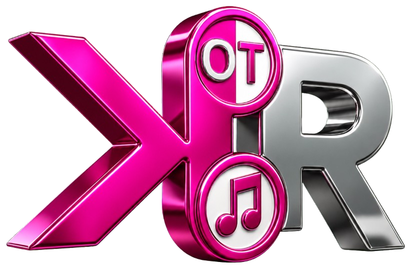 Schuin Kids on the Rock logo in magenta en zilver