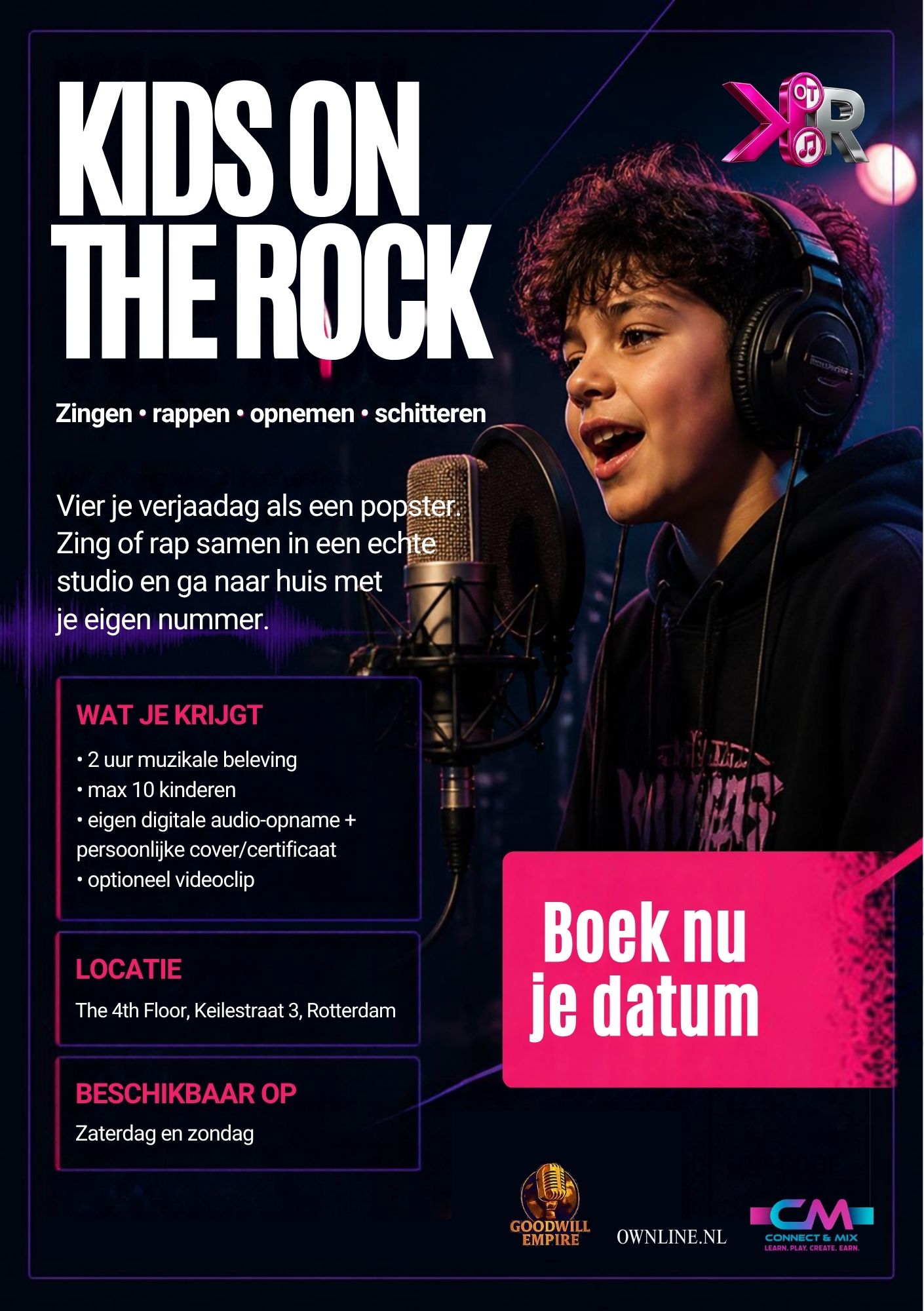 Campagneflyer Kids on the Rock: kind bij een studiomicrofoon, met pakketinformatie en locatie The 4th Floor.