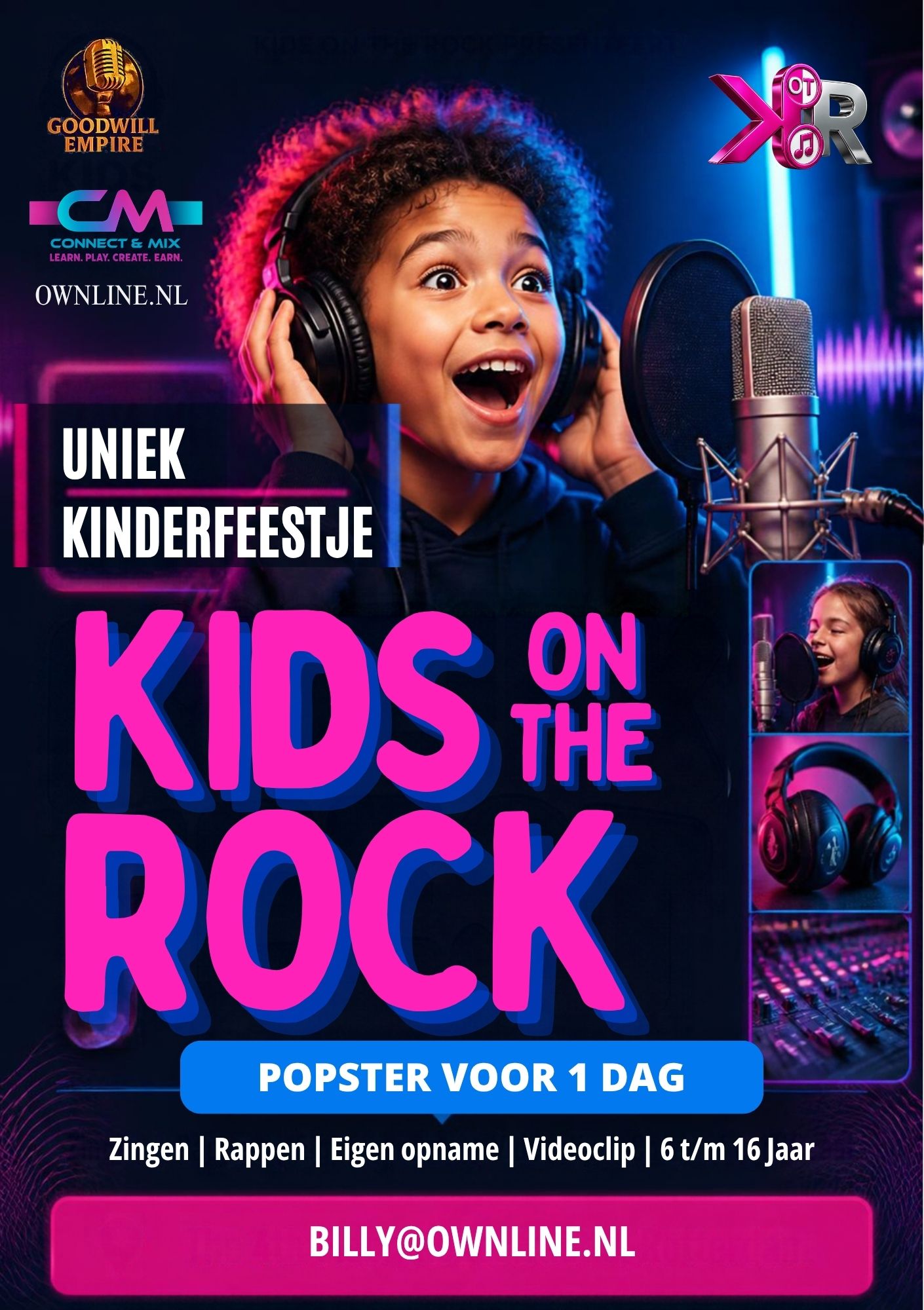 Campagneflyer Kids on the Rock muziekfeest, popster voor 1 dag.