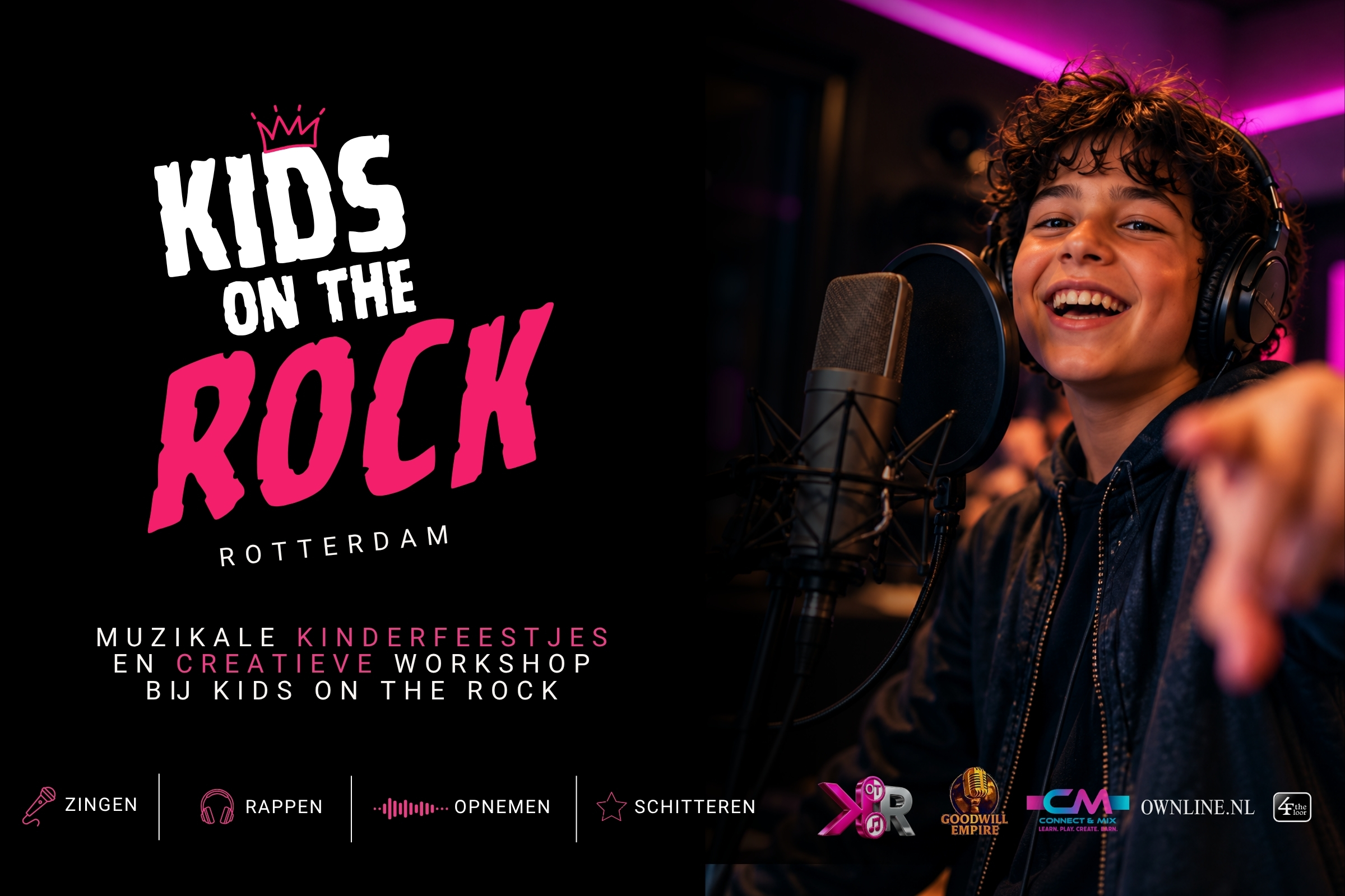 Campagnebeeld Kids on the Rock Rotterdam met zingen, rappen, opnemen en schitteren.